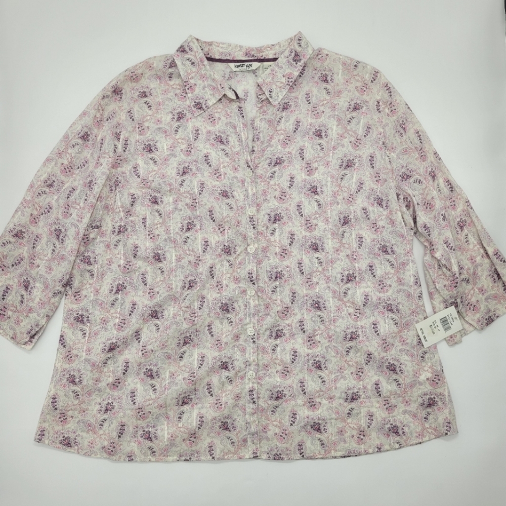 Krazy Kat Shirt Button Front 3/4 Sleeve Lightweight Purple Paisley Top Sz 2X NEW